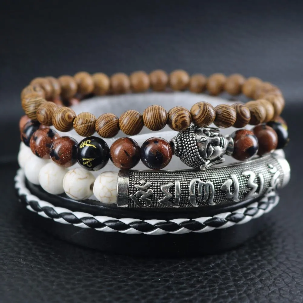 Sandstone Beaded Buddha Leather Wrap Bracelet