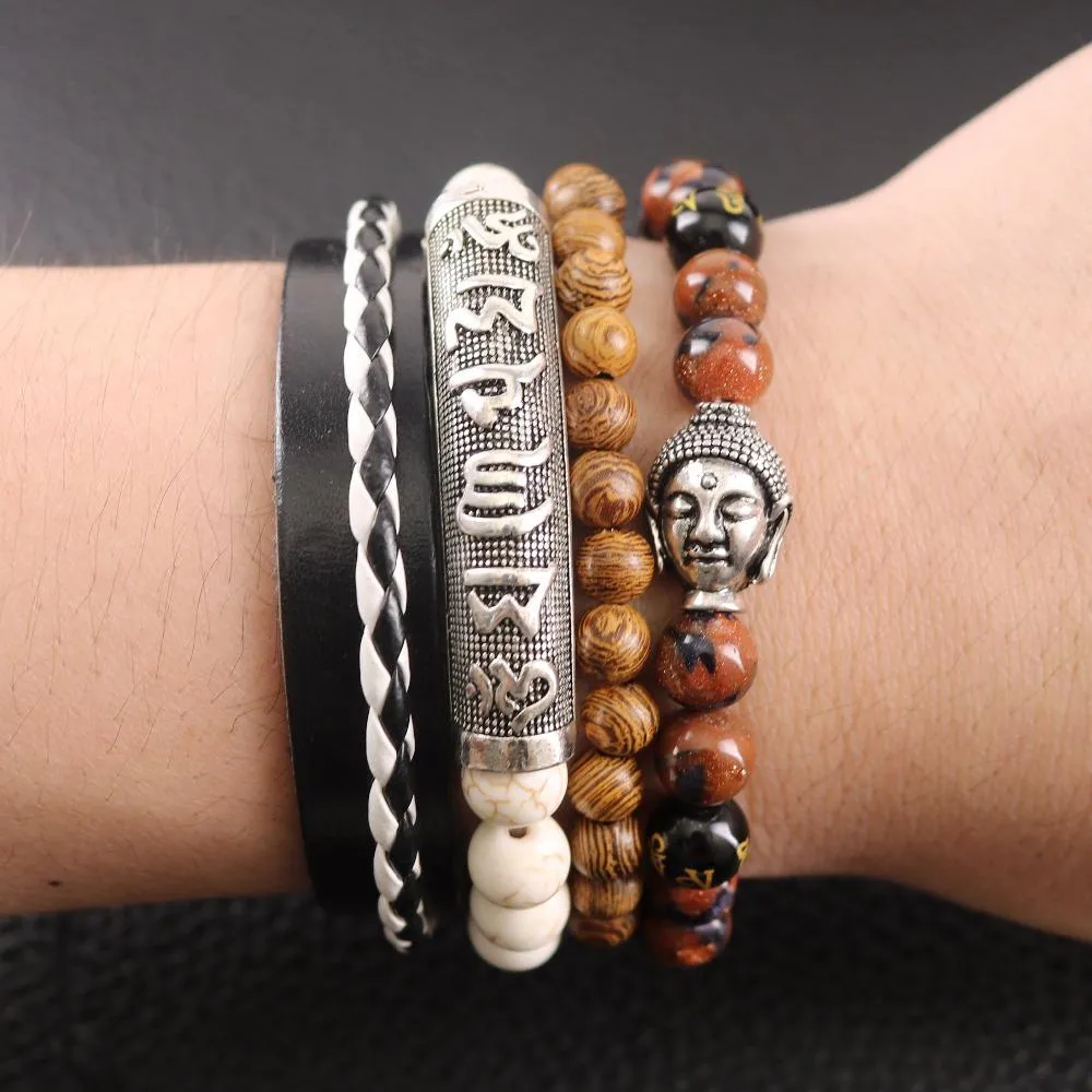 Sandstone Beaded Buddha Leather Wrap Bracelet