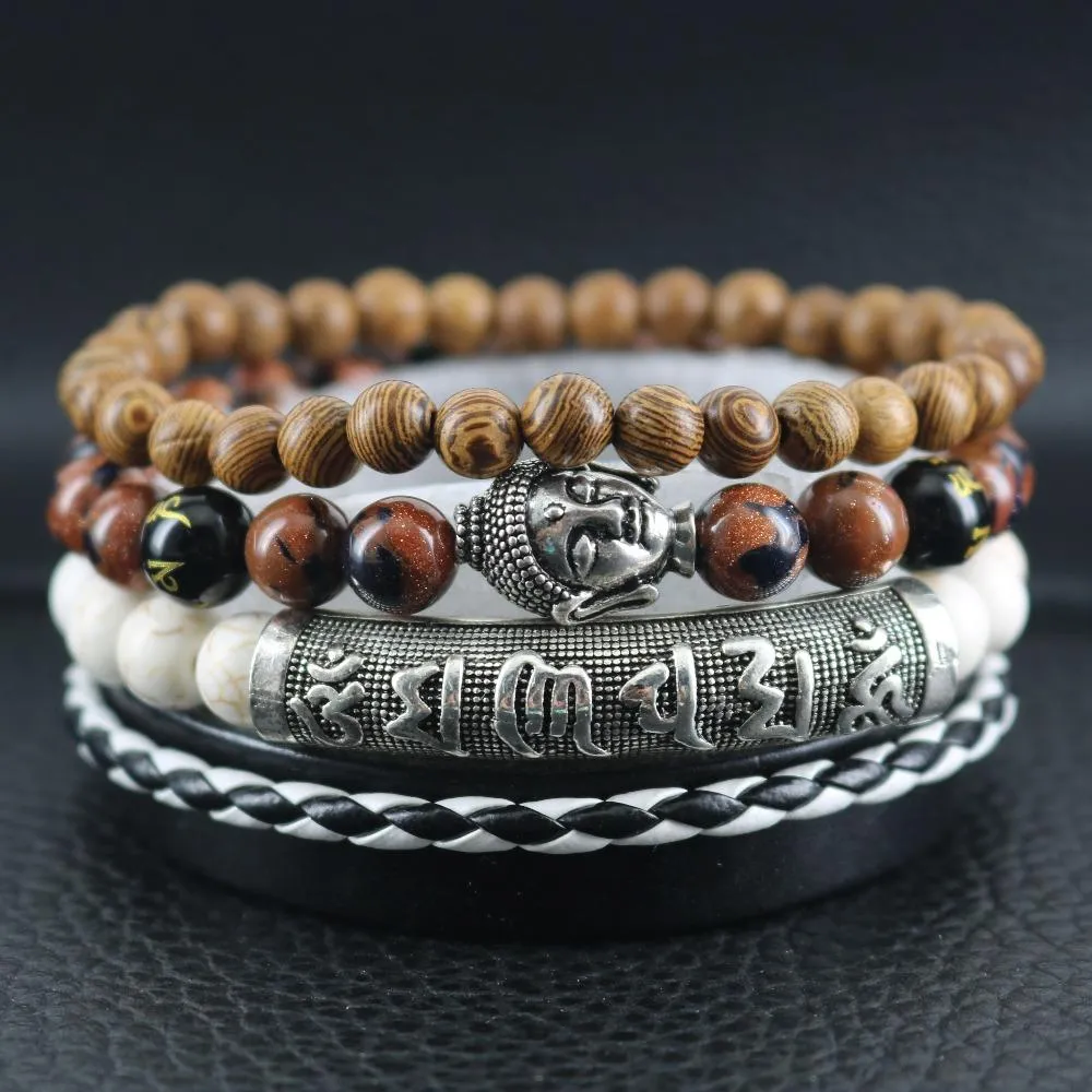 Sandstone Beaded Buddha Leather Wrap Bracelet