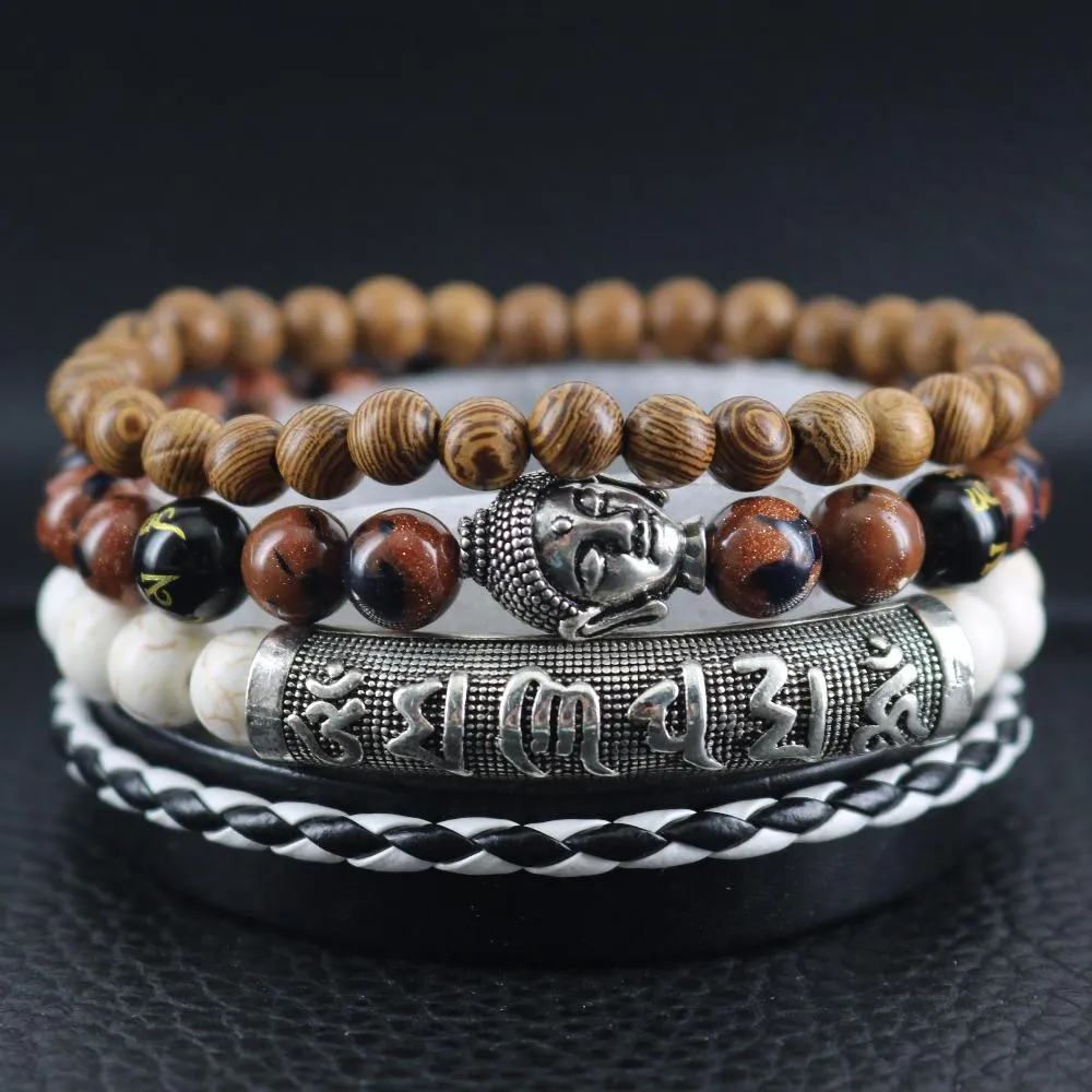 Sandstone Beaded Buddha Leather Wrap Bracelet