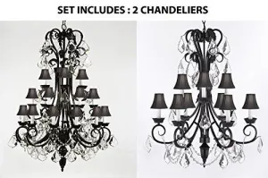 Set Of 2 - 1-Wrought Iron Chandelier With Black Shades And Entryway Wrought Iron (Tm) Chandelier With Black ShadesTrimmed With Spectra (Tm) Crystal - Reliable Crystal Quality By Swarovski - 1Ea-B12/724/24Sw 1Ea-B12/724/6 3Sw-Blksh