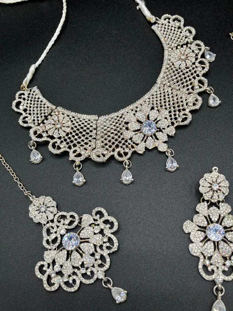 Silver zircon stones bridal jewelry set