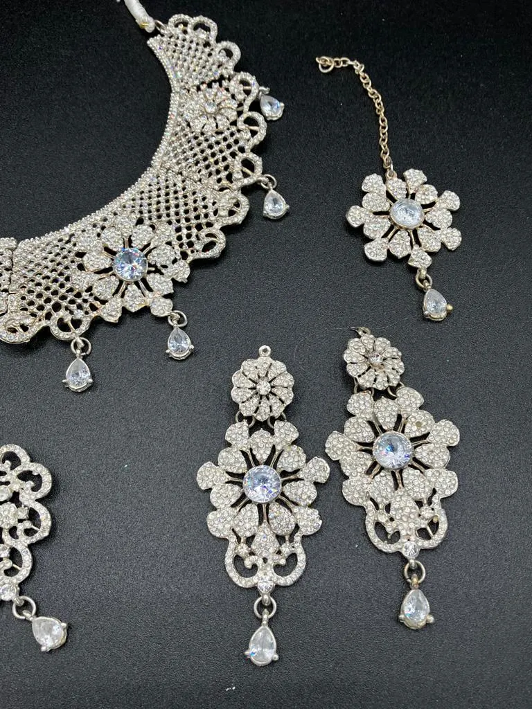 Silver zircon stones bridal jewelry set