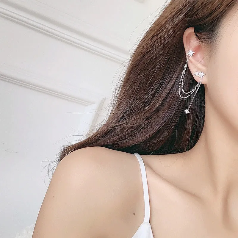 Stellar Zircon Starburst Tassel Ear Cuff Earrings