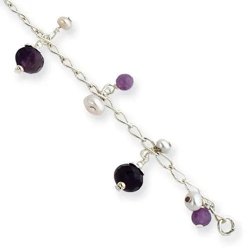 Sterling Silver Amethyst Cultured Pearl Dangle Bracelet