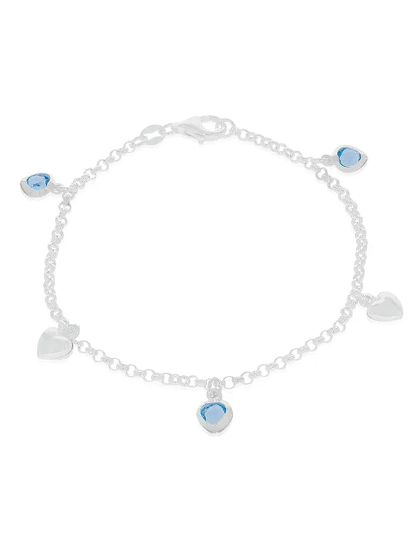 Sterling Silver Blue Cubic Zirconia Heart Charm Bracelet