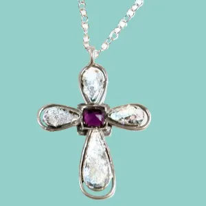 Sterling Silver cross Roman Glass Holy Land Jerusalem with cz amethyst zircon "My High Sky Cross"