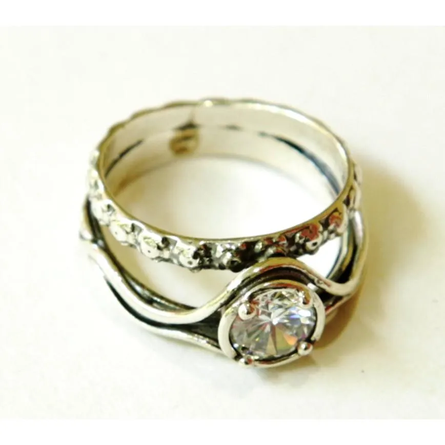 Sterling silver ring set with zircon stone. Israeli designer bohemian ring 0.8 cm