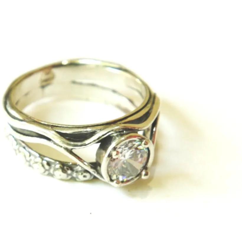 Sterling silver ring set with zircon stone. Israeli designer bohemian ring 0.8 cm