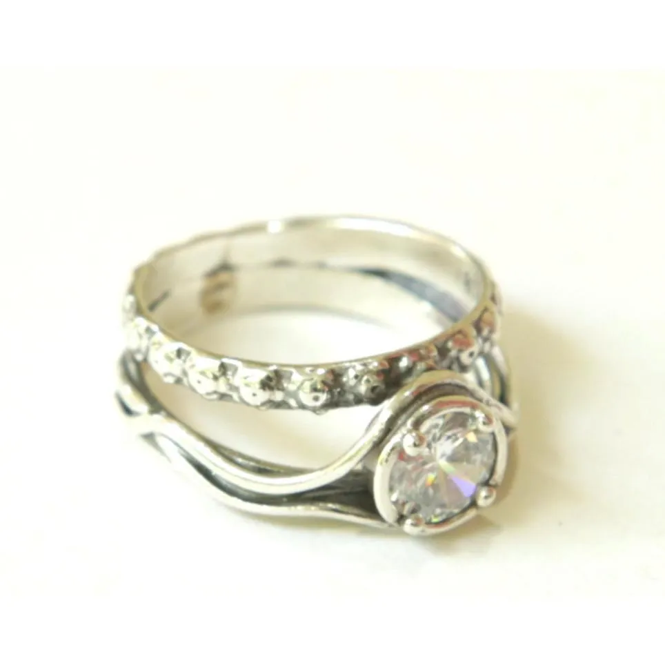 Sterling silver ring set with zircon stone. Israeli designer bohemian ring 0.8 cm