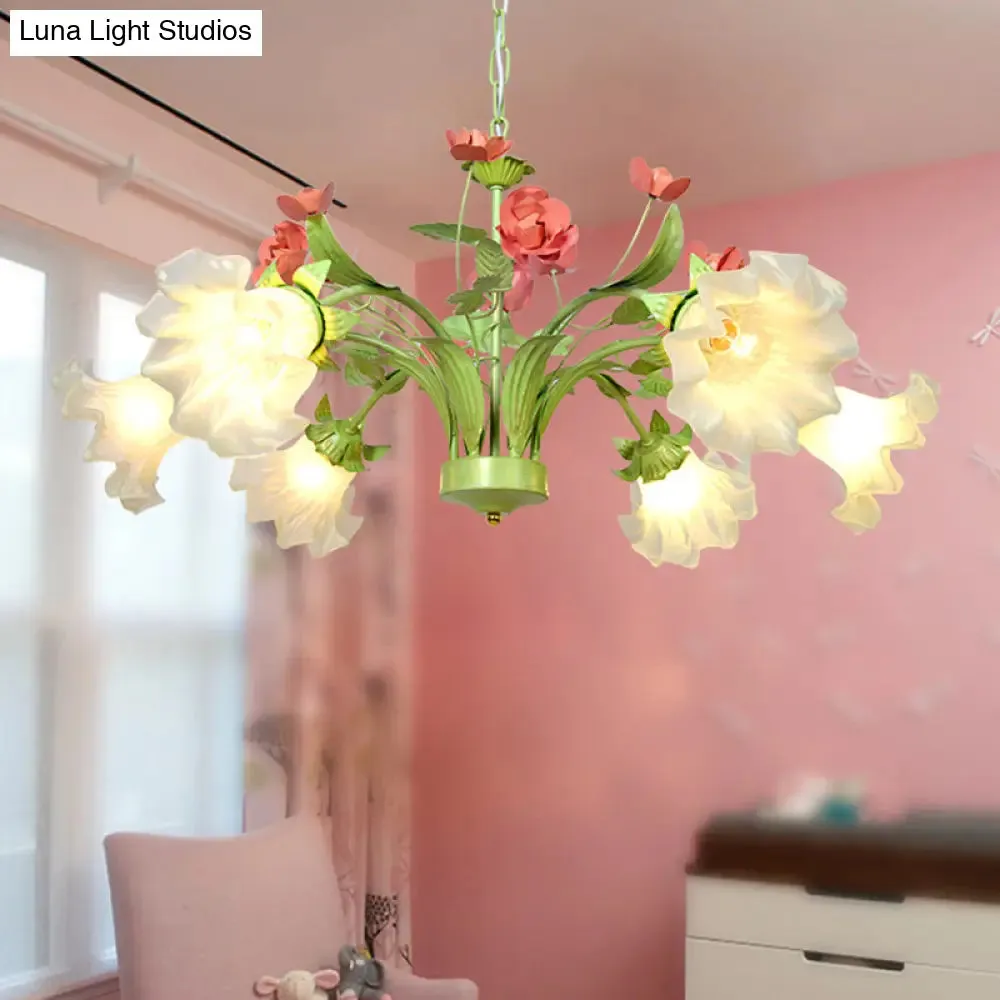 Traditional 6-Head Green Glass Chandelier for Bedroom - Cream Flower Pendant Lighting