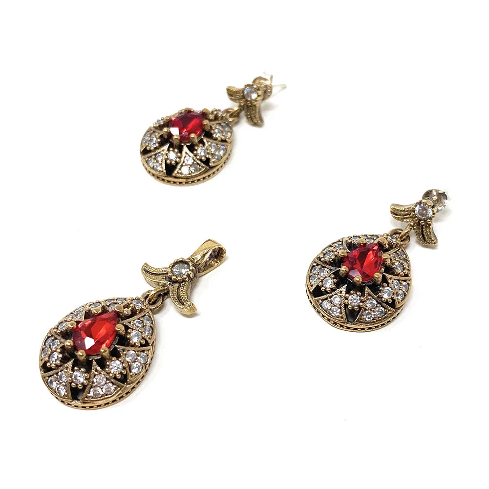 Turkish Sterling Silver 925 Elegant Womens Red Dangle Earring and Pendant - Duel On Jewel