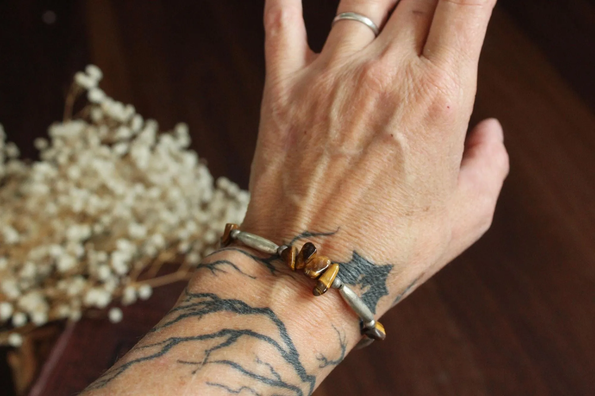 Vintage Beaded Tiger's Eye and Silver Bracelet