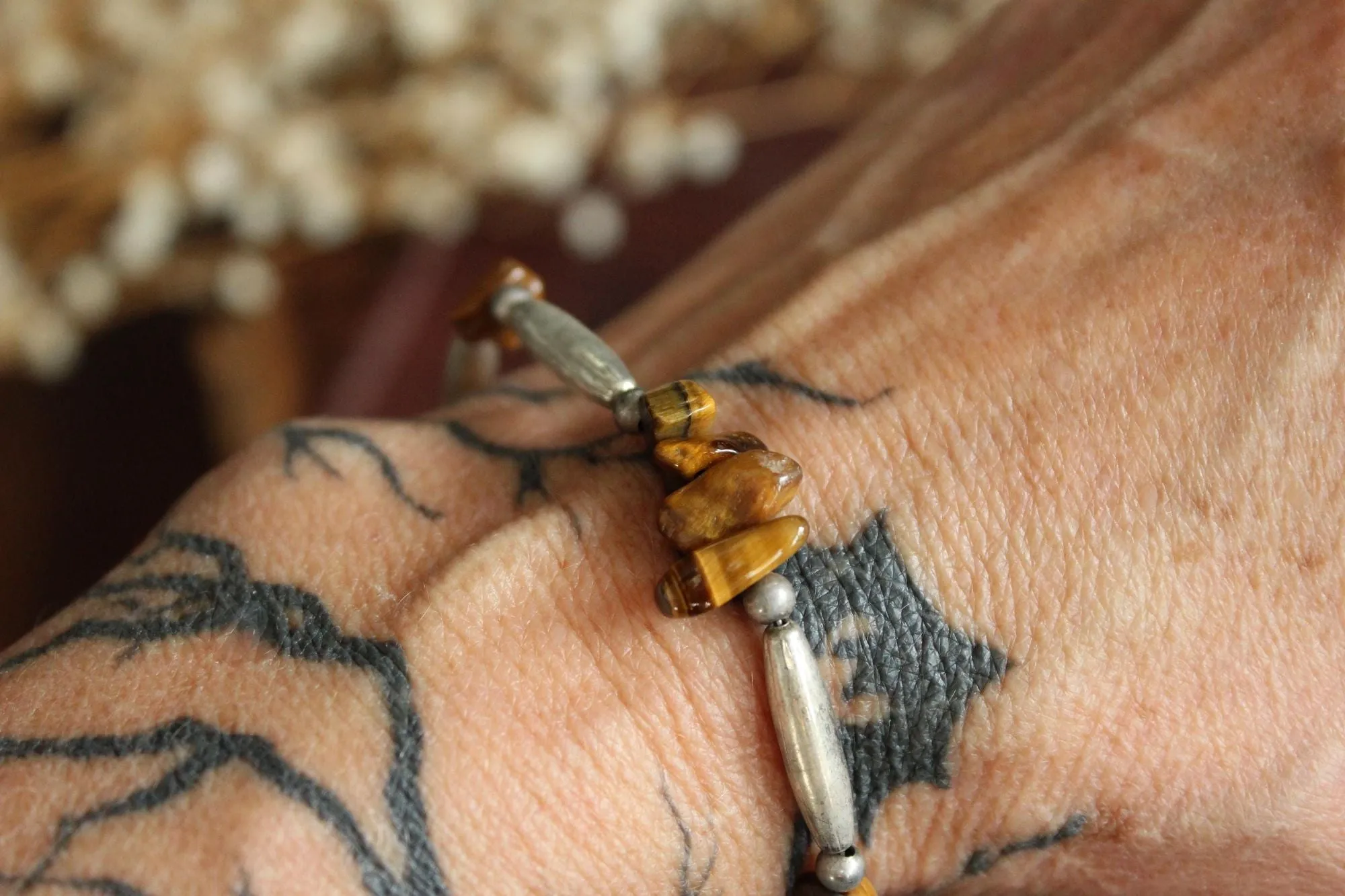 Vintage Beaded Tiger's Eye and Silver Bracelet