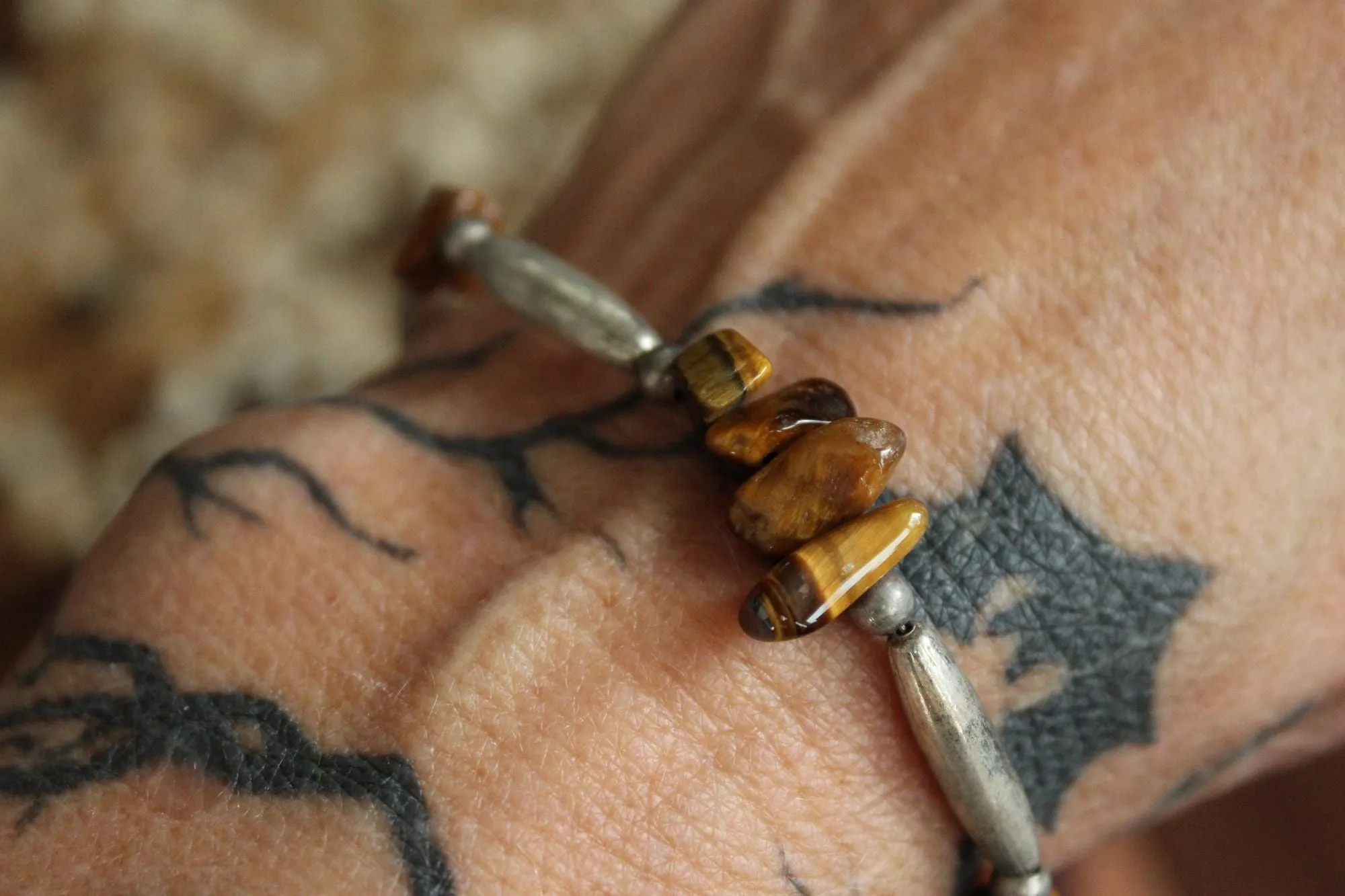 Vintage Beaded Tiger's Eye and Silver Bracelet