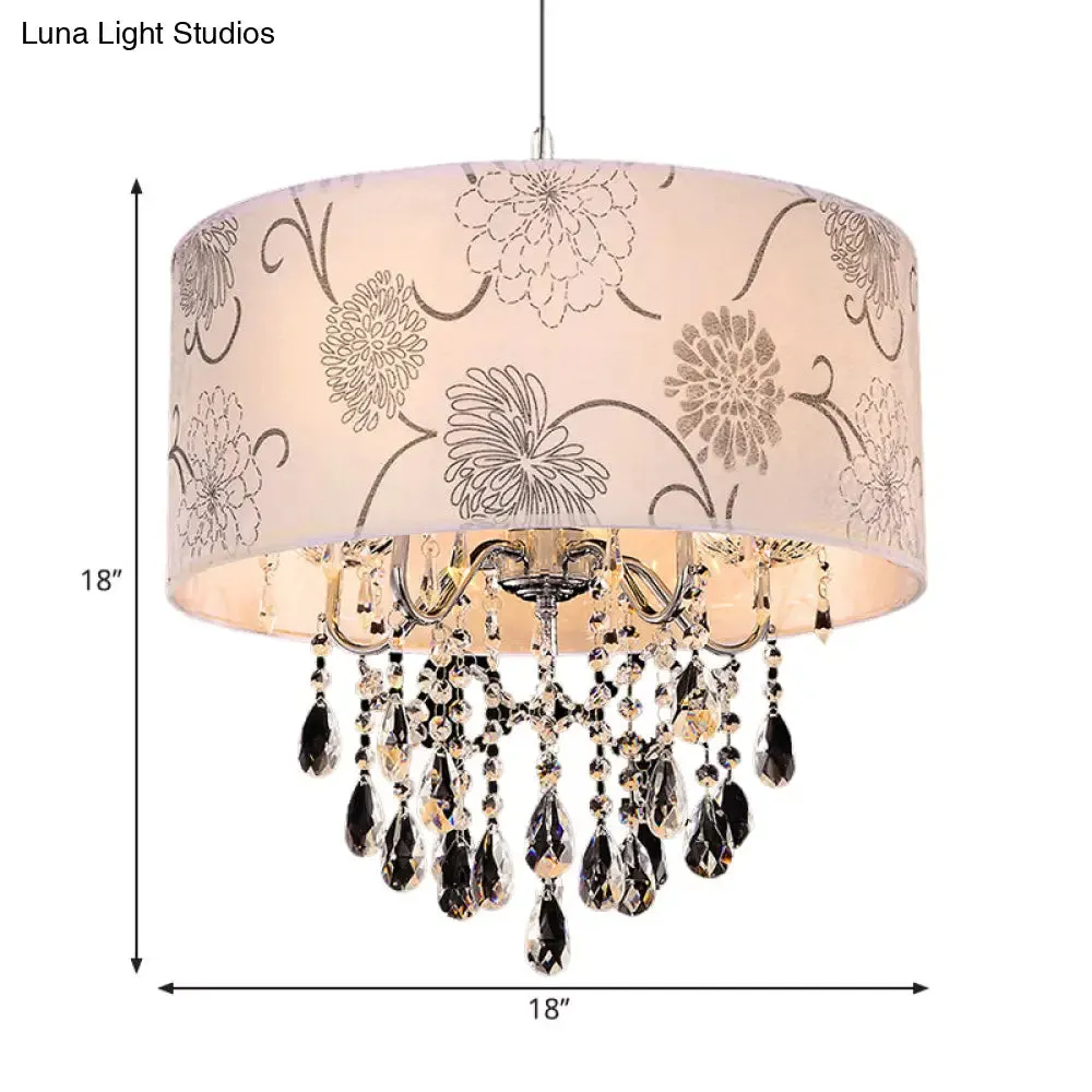 Vintage Crystal 5-Light Chandelier with Flower Pattern - Printing Fabric Shade Pendant Light in Chrome