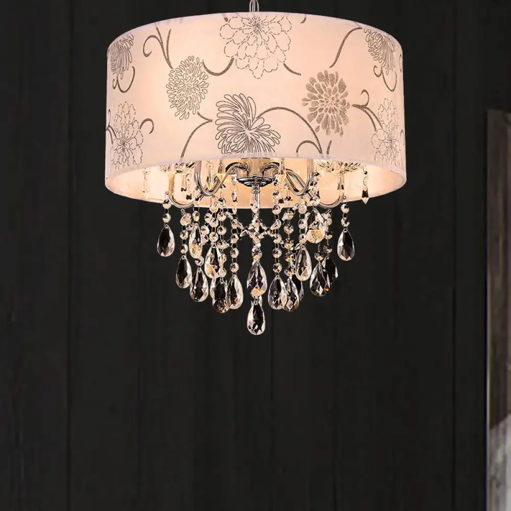 Vintage Crystal 5-Light Chandelier with Flower Pattern - Printing Fabric Shade Pendant Light in Chrome