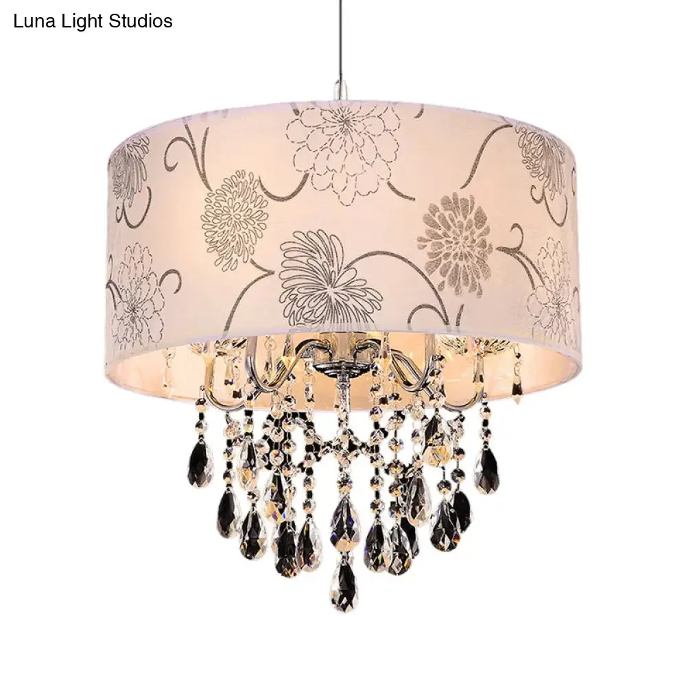 Vintage Crystal 5-Light Chandelier with Flower Pattern - Printing Fabric Shade Pendant Light in Chrome