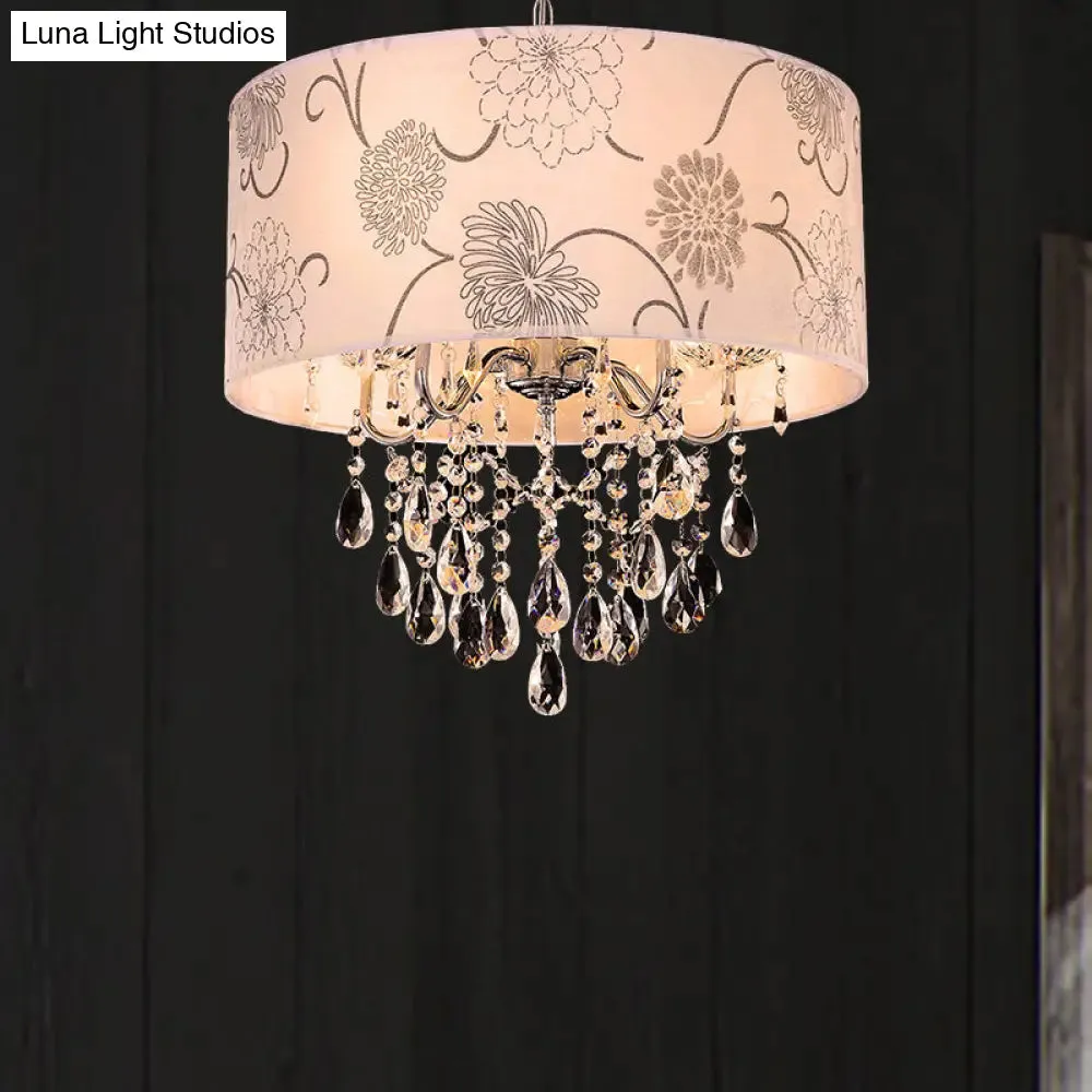 Vintage Crystal 5-Light Chandelier with Flower Pattern - Printing Fabric Shade Pendant Light in Chrome