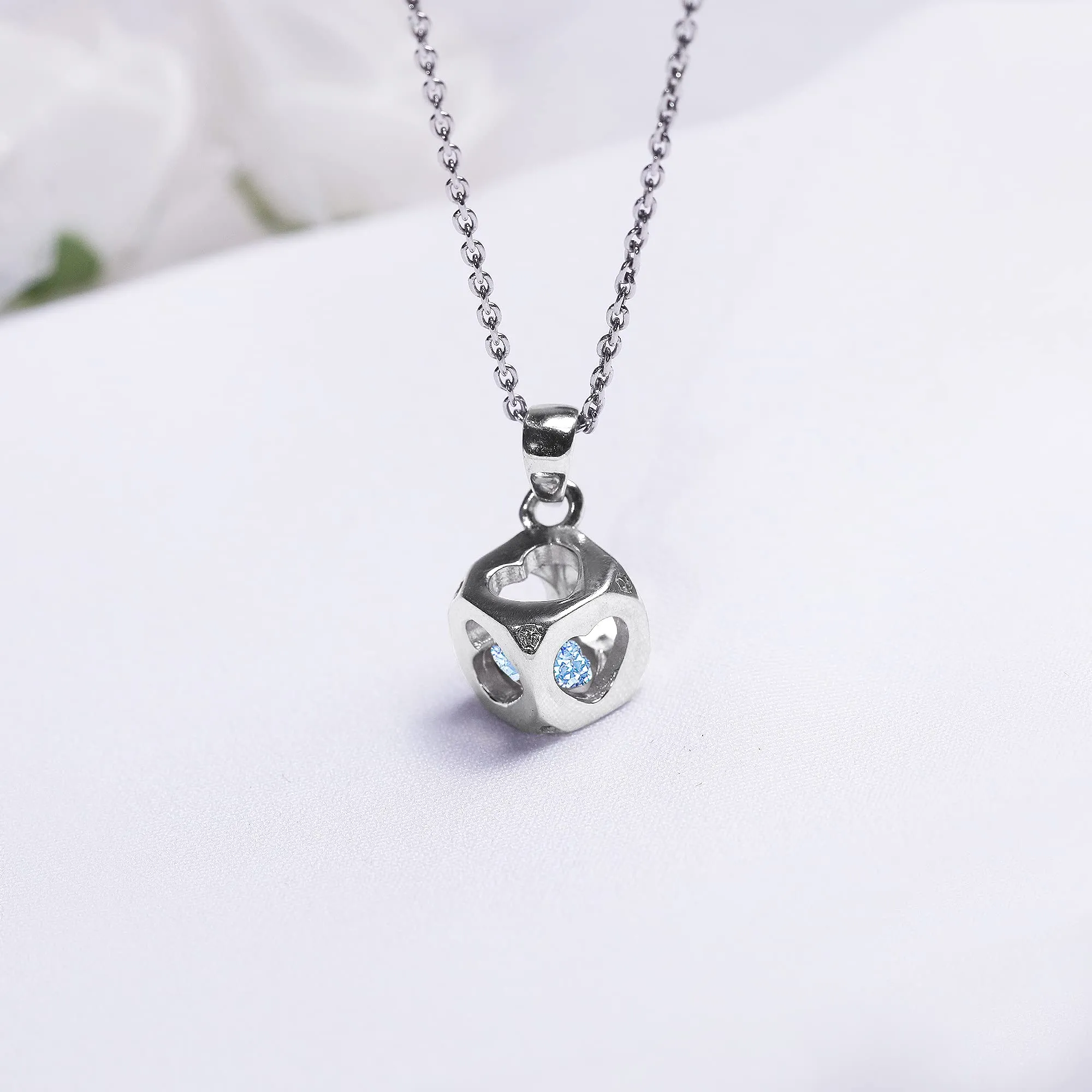 Women’s  Hypoallergenic White Heart Cube Pendant with Link Chain Necklace for Girl and Women Chain Pendants with Certificate of Authenticity and  Stamp Jewelry Gifts for Women (Sky blue)