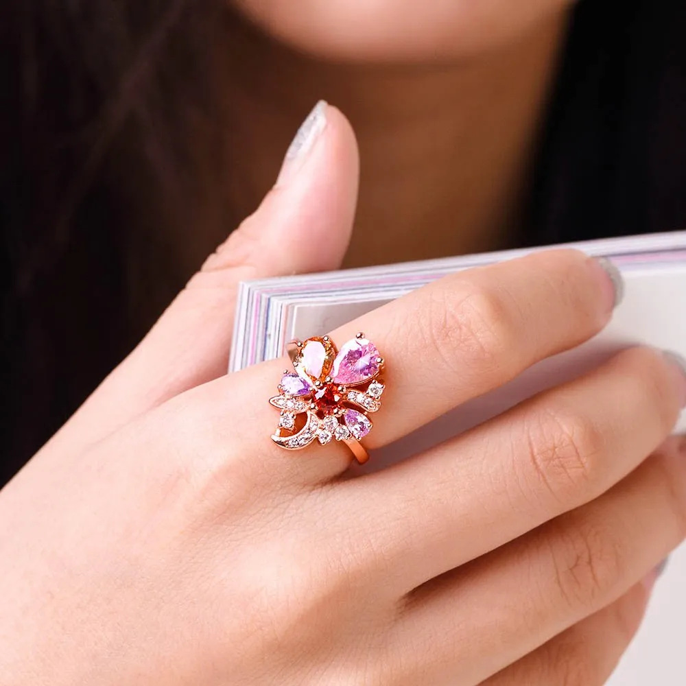 Yellow Chimes Multicolor Flower Swiss Zircon Rose Gold Crystal Ring for Women