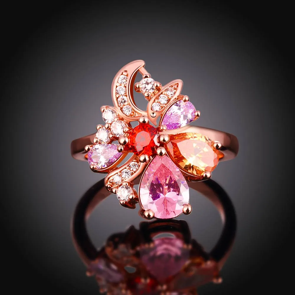 Yellow Chimes Multicolor Flower Swiss Zircon Rose Gold Crystal Ring for Women