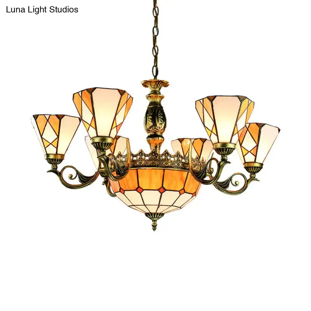 Yellow Tiffany-Style Stained Glass Pendant Chandelier for Bedroom - 9-Light Ceiling Lamp