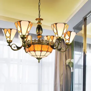 Yellow Tiffany-Style Stained Glass Pendant Chandelier for Bedroom - 9-Light Ceiling Lamp