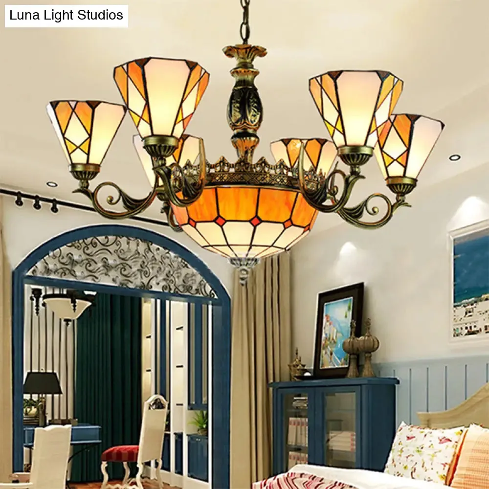 Yellow Tiffany-Style Stained Glass Pendant Chandelier for Bedroom - 9-Light Ceiling Lamp