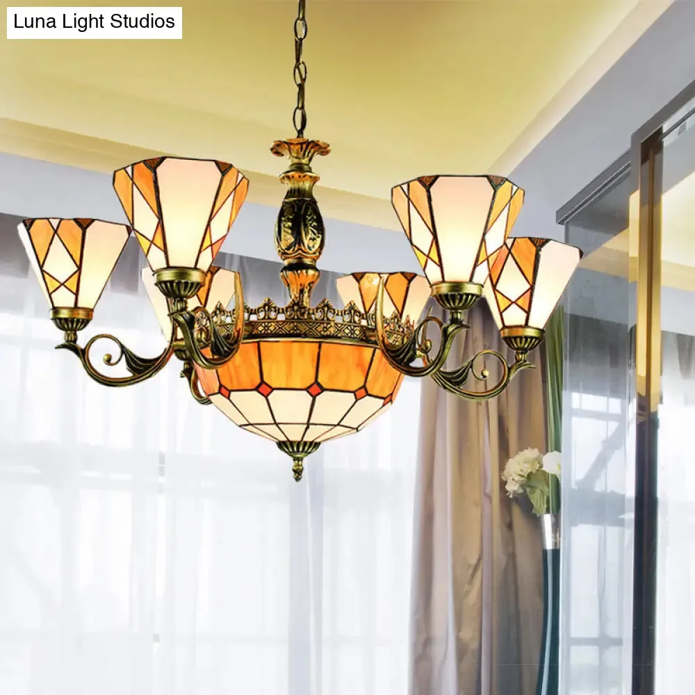 Yellow Tiffany-Style Stained Glass Pendant Chandelier for Bedroom - 9-Light Ceiling Lamp